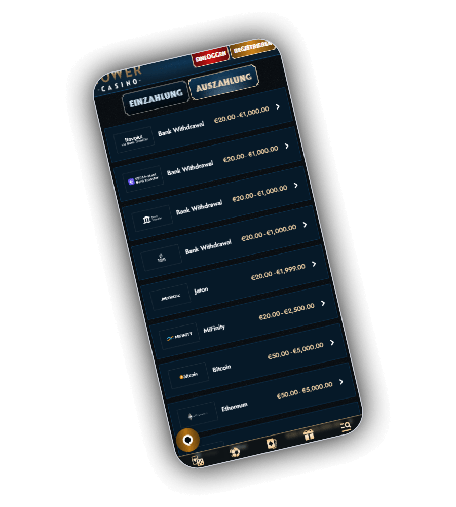 Options de retrait Tower Casino avec huit moyens et leurs fourchettes par ordre