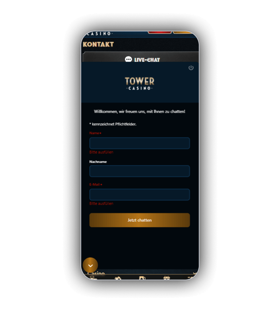 Chat Tower Casino demandant le prénom et l’adresse e-mail pour démarrer la conversation